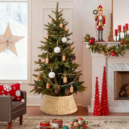 Sweetcrispy 42inch Christmas Tree Collar for 9ft to 12ft Trees, Woven Hyacinth Rattan 4-Panel Collar w/Cord Access Hole & Easy Lock Design, Handwoven Natural - Image 2