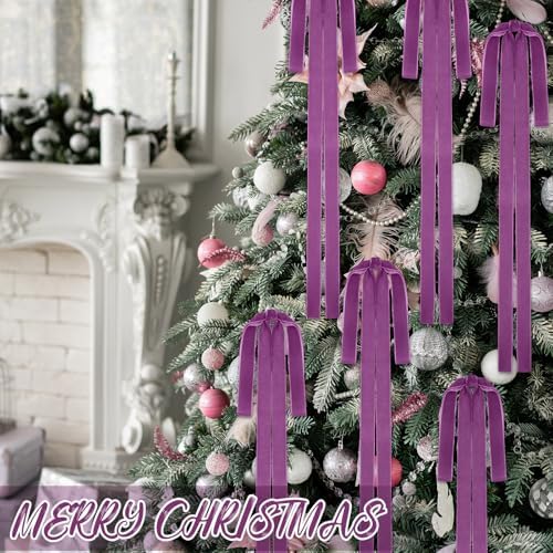 Janinka 6 Pcs Long Purple Christmas Velvet Bow Ornament Vintage Tree Decor - Image 5
