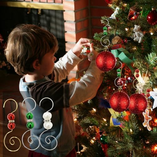 Furimuk 30 Pcs Christmas Ornament Hooks Hangers- Red Green White Jewels Beads, Silver & Gold Wire Hangers with Lobster Claws for Stockings & Balls Xmas Christmas Tree Decoration - Image 4