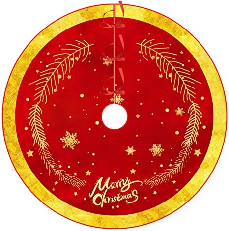 Christmas Tree Skirt Red and Gold Tree Skirt Ornaments Soft Plush Christmas Tree Mat with Snow Pattern for Decorations Holiday Party Indoor Outdoor 48 Inches - Image 2