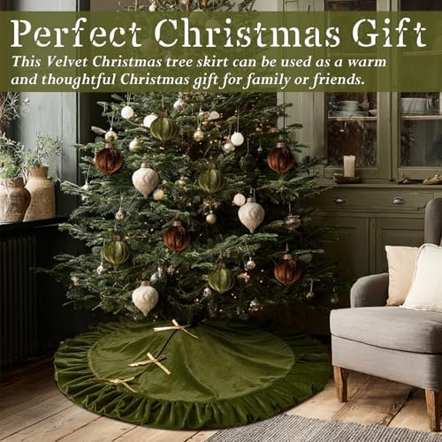 Velvet Christmas Tree Skirt, 48 Inches, Bow Style, Olive Green - Image 3