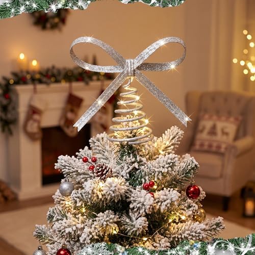 Gejoy Christmas Bow Tree Topper Silver Rhinestone Bow Tree Topper with Spiral Base for Holiday Xmas Party Christmas Decorations Wedding Birthday Party Gift by Unknown
