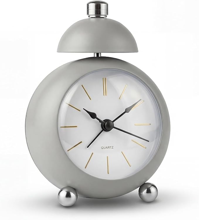 Analog Alarm Clock, Mid-Century Modern Desk Clock, Silent Non-Ticking Quartz Table Clock with Black Hands, Battery Operated Decorative Clock for Bedroom, Office, Living Room (Grey)