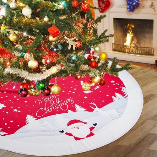 Multiwins Christmas Tree Skirt 48 inches, Red Tree Skirt Ornaments Soft Plush Christmas Tree Mat with Cute Santa Claus White Reindeer Christmas Tree Skirts for Holiday Party Indoor Outdoor by multiwins