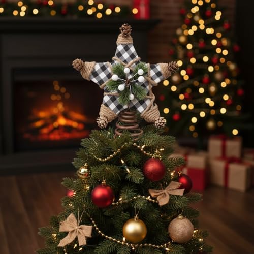 Lenwen Christmas Tree Topper Star 7.9 Inch Buffalo Plaid Star Topper - Image 3
