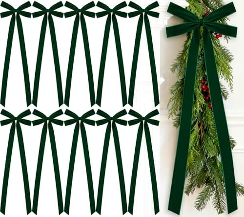 10 Pcs Green Velvet Bows 22"x8" Pre-Tied Christmas Ornaments by Glitinsel