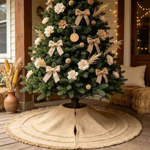 Yuboo 48" Burlap Christmas Tree Skirt with 3-Layer Tassel Design, Brown Rustic Farmhouse Jute Linen Large Fall Tree Skirt for Wedding, Birthday, Christmas Decor - Image 3