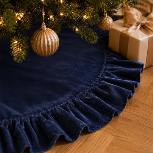 48-Inch Navy Blue Ruffled Velvet Christmas Tree Skirt with 3 Bow Ties, Large Round Vintage Xmas Tree Base Cover for Holiday Home and Party Decor, 122 cm - Image 2