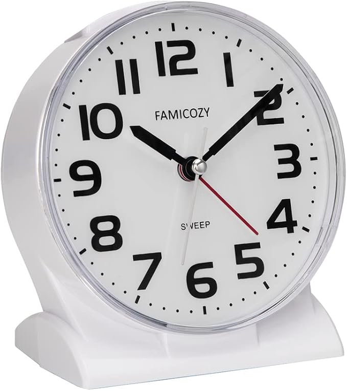 FAMICOZY 4.5" No Ticking Analog Alarm Clock,Silent Readable for Seniors,Easy to Set,Gradual Rise Alarm,Big Numbers,On/Off Switch on Side,Gentle Wake,Snooze Soft Backlight,Battery Operated,White by FAMICOZY