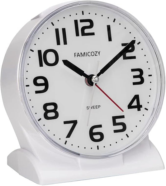 FAMICOZY 4.5" No Ticking Analog Alarm Clock,Silent Readable for Seniors,Easy to Set,Gradual Rise Alarm,Big Numbers,On/Off Switch on Side,Gentle Wake,Snooze Soft Backlight,Battery Operated,White by FAMICOZY