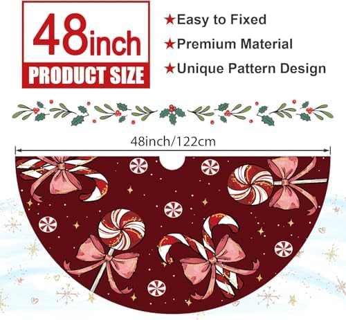 Christmas Tree Skirt Burgundy Tree Skirts Candy Cane Decorations Xmas Tree Skirt Tree Mat 48 Inch Winter Christmas Decor for Home - Image 3