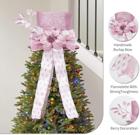 Garvee Pink Christmas Tree Topper Bow, 9.84 in Glitter Christmas Tree Decoration with Bows & Decorative Spruce Branch, Xmas Holiday Decoration for Snowman - Image 4