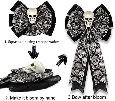 Skull Gothic Decor,Halloween Bows for Wreaths Decorations, Halloween Tree Topper Bow, Decorative Bow with Skull Glitter Silver Black Burlap for Fall Home Front Door Outdoor - Image 4
