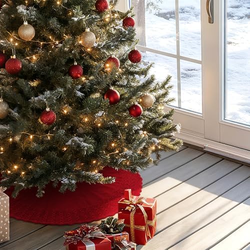 NIBESSER Red Knit Christmas Tree Skirt 48" for Christmas Decorations - Yarn Thick Rustic Cable Knit Tree Skirt Mat for Home Party Holiday Ornaments - Image 5