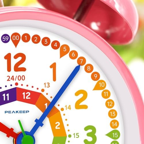 Peakeep Learning Clock for Kids Time Teaching, Loud Alarm to Wake Up | 4.5" Twin Bell Alarm Clock Battery Operated for Teenagers Kids, Kids' Room (Pink) - Image 3