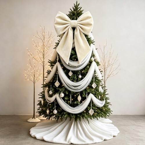 Janinka Cream White Christmas Tree Topper Bow 22" Big,Velvet - Image 5