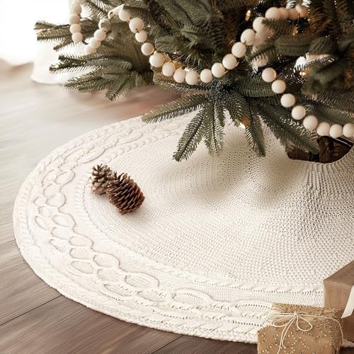 NIBESSER Knit Tree Skirt White 48" Christmas Tree Skirt Ivory Knitted Mat for Christmas Decorations Yarn Thick Rustic Cable Knit Tree Collar for Home Party Holiday Ornaments - Image 6