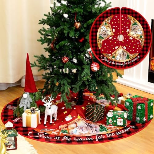 Lunmon Christmas Nativity Scene Tree Skirt 48 Inches Retro Jesus Christmas Tree Mat Decoration Buffalo Plaid Farmhouse Christian Winter Tree Skirt for Indoor Outdoor Xmas Holiday Party Decorations - Image 2