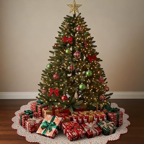 MiniInflat Quilted Christmas Tree Skirt - Vintage Floral Block Print Christmas Tree Skirt with Scalloped Edge Thicken Cotton for Home Decorations Holiday Party Gift(60 Inch,Gingham Floral,Orange) - Image 7