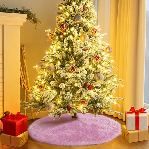 60 Inch Christmas Tree Skirt - Fluffy Faux Fur Pink Tree Skirt, Pink Plush Xmas Holiday Decor for Parties, Small Round Tree Skirt - Image 2