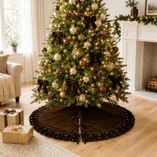 Christmas Tree Skirt, Dark Brown Velvet with Ruffled Pearl Trim, 60 Inch - Image 3