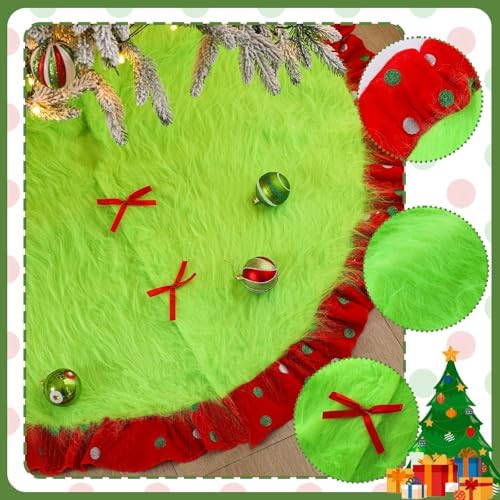 Hollowfly Red and Green Christmas Tree Skirt Furry Plush Lime Green Christmas Tree Skirts Whimsical Xmas Decorations Holiday Glittering Dot Mat Faux Round Carpet for Home Xmas Party Decor(48 Inch) - Image 6
