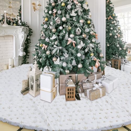 Libima 100 Inches Large Christmas Tree Skirt Faux Fur Xmas Tree Skirt White Plush Velvet with Gold Sequins Snowflakes for Xmas Decorations Merry Christmas Party Winter Holiday Ornaments by Libima