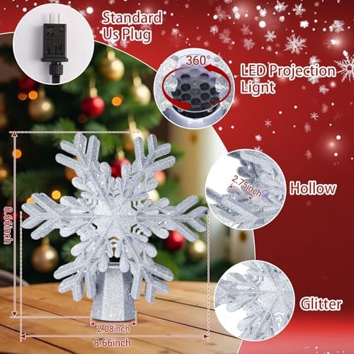 Christmas Tree Topper Lighted with LED Rotating Silver Snowflake Projector, 3D Hollow Glitter Lighted Snow Tree Topper for Xmas New Year Party Holiday Christmas Decorations - Image 4