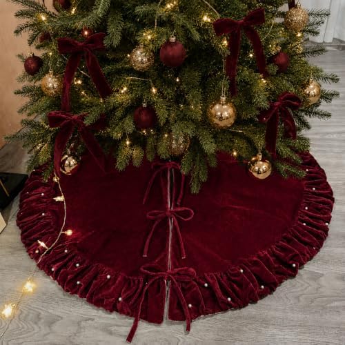 Christmas Tree Skirt, Wine Red Velvet with Ruffled Pearl 60 Inch - Image 2