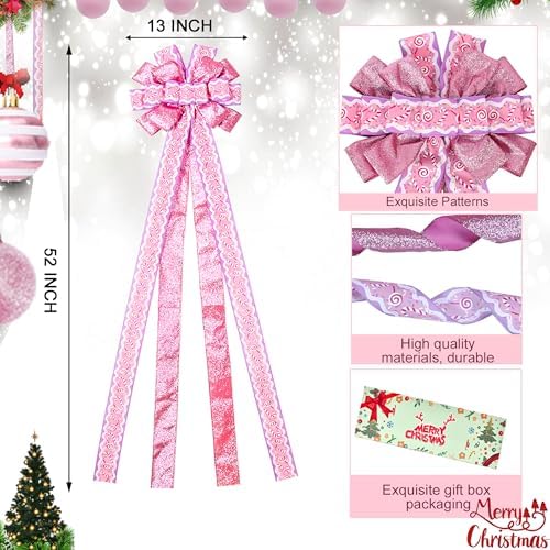 Christmas Tree Topper Wreath Bow Large Pink Christmas Bow Tree Topper 52"x13" Pink Cane Glitter Satin Ribbon Patterned Gift Bows for Xmas Holiday Home Wedding Thanksgiving Indoor/Outdoor Decoration - Image 2