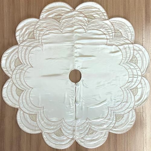 60-Inch Beaded Scalloped Christmas Tree Skirt in Foam-Lined Satin, Button-Loop Closures, Pearl White - Image 4