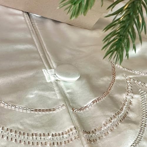 60-Inch Beaded Scalloped Christmas Tree Skirt in Foam-Lined Satin, Button-Loop Closures, Pearl White - Image 6