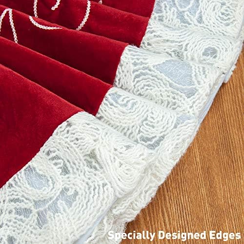 Red Christmas Tree Skirt 32 Inches Snow Sequin Embroidery with White Trim Border Decor for Xmas Holiday Party Ornaments - Image 4