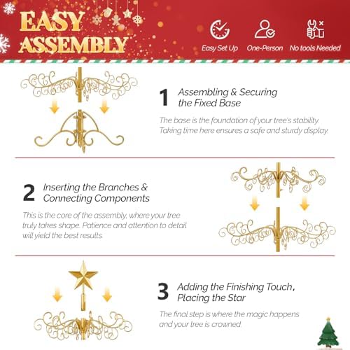 VINGLI 3ft Wrought Iron Christmas Tree w/80 Branch Tips, 3-Tier Metal Display Stand for Gifts, Box, Ornament Display Tree Suit for Holiday, Party, Home Decor, Indoor & Outdoor Decor Hanger, Gold - Image 6