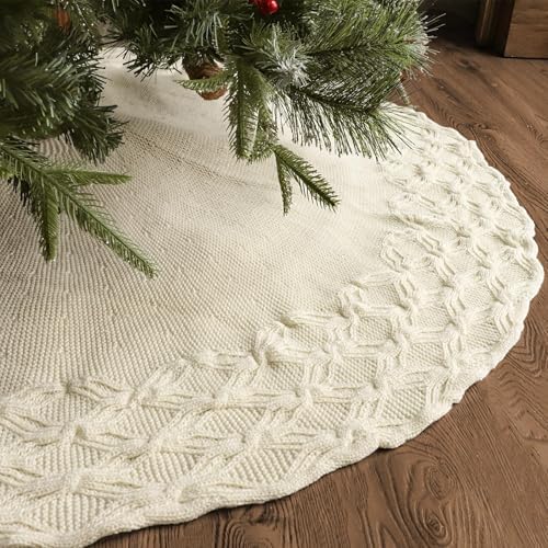 48 inch Christmas Tree Skirt: Crossed Edge Knit Tree Skirt for 7.5ft Tree, Cream White Tree Skirt, Vintage Tree Skirts, Rustic Farmhouse Christmas Decorations - Image 3