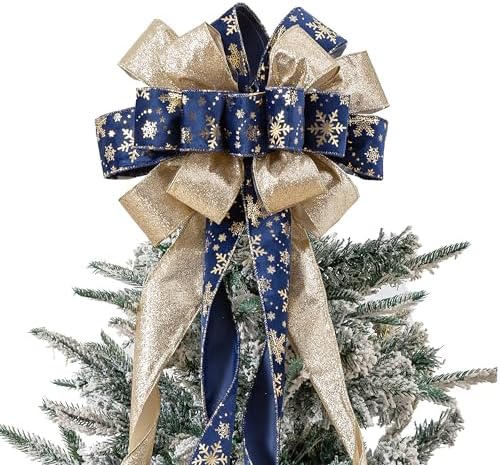 Christmas Tree Topper, 40x13 Inches Toppers Bow with Glitter Satin Mesh Streamer and Patterned Ribbon, Christmas Tree Topper Bow for Christmas Home Decoration (Blue Golden) by CANGBI
