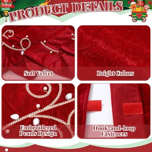 48inch Christmas Tree Skirt Red Luxury Velvet Plush Fur Skirts Baroque Tree Skirts with Gold Embroidered Pearls and Crystals Xmas Velvet Trees Skirt for Christmas Holiday Party Home Decorations - Image 3