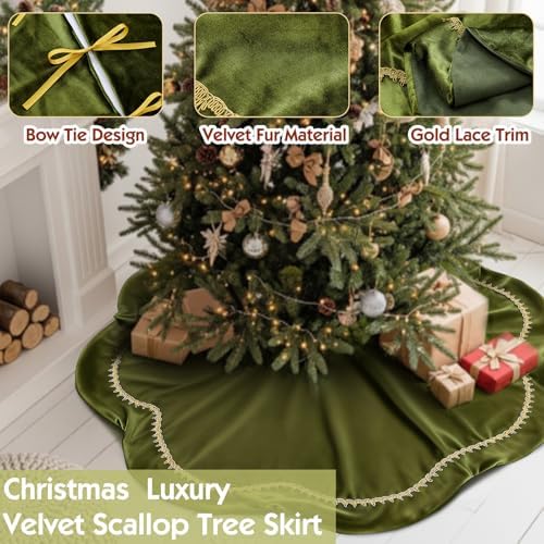 Arrowbash 72 Inch Olive Green Christmas Tree Skirt Velvet Fur Scallop Tree Skirt Sparking Gold Lace Trim for Party Rustic Xmas Holiday Decorations All Year - Image 6