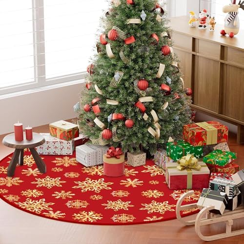 48 Inch Christmas Snowflake Tree Skirt Gold Snowflake Red Christmas Tree Skirt Large Red Round Xmas Trees Mat with Gold Snowflakes for Winter Holiday New Year Party Xmas Trees Home Decor - Image 6
