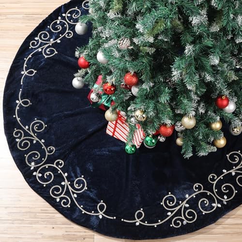 36inch Christmas Tree Skirt Navy Blue Luxury Velvet Plush Fur Skirts Baroque Tree Skirts with Gold Embroidered Pearls and Crystals Xmas Velvet Trees Skirt for Christmas Holiday Party Home Decorations - Image 6