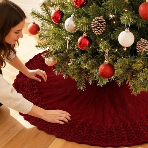 Christmas Tree Skirt 36 Inch Knitted Xmas Tree Skirt Cable Knit Tree Skirt Christmas Tree Decorations for Farmhouse Xmas Holiday Home Party(Red, 36in) - Image 6