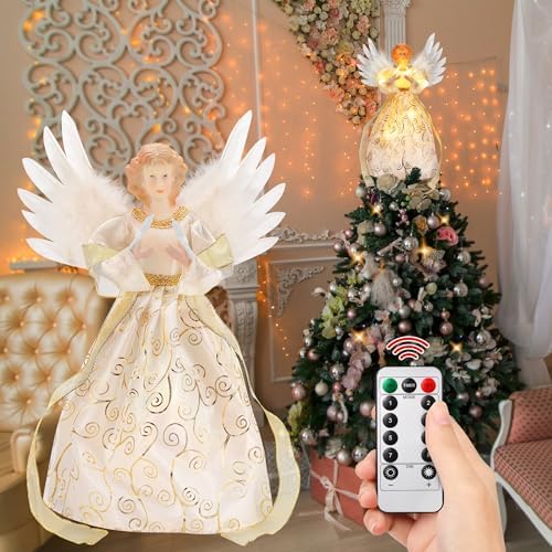 PEEKI Christmas Tree Topper, 12" Angel Treetop with Lights and Remote Control Timer, Christmas Tree Decoration for Holiday Ornament and Home Decor, Ivory and Gold by PEEKI