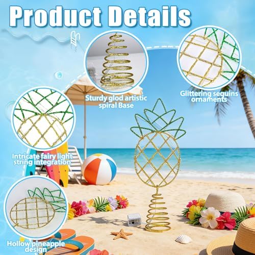 12" Gold Shiny Pineapple Summer Tree Topper with LED Lights - Image 3