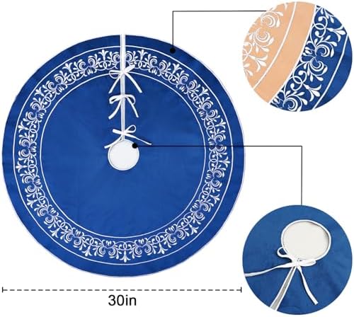 Blue Christmas Tree Skirt Velvet 30 inch，Elegant Velvet Fur Plush Blue Tree Skirt, Xmas Tree Skirts with Floral Embroidered Vintage Pattern Round for Merry Christmas Party Xmas Tree Decorations - Image 4