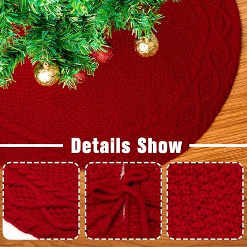 24 Inch Red Christmas Tree Skirt, Knitted Tree Skirt for 3-4Ft Pencil Tree, Vintage Thick Small Tree Skirt for Christmas Trees Decoration, Xmas Home Indoor Farmhouse Decorations - Image 2