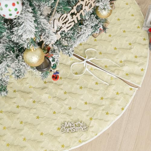 AVOIN colorlife Soft Plush Faux Fur Christmas Tree Skirt 48 Inch, Jacquard Beige Xmas Star Pine Trees Winter Holiday Mat Decoration - Image 2