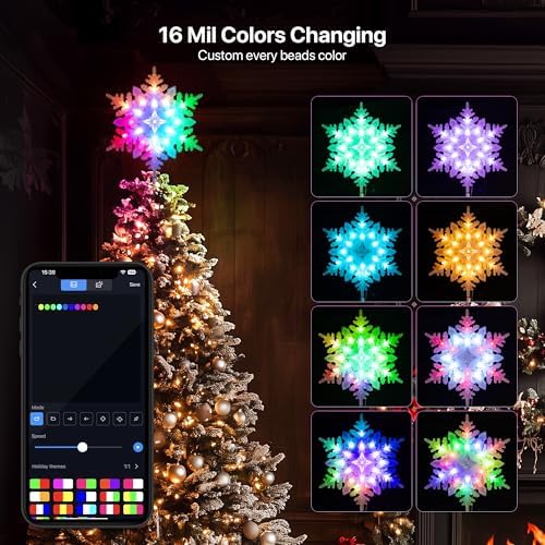 10” Smart Christmas Snowflake Tree Topper with 20 RGB Lights, DIY Colors Changing, Music Sync, Timer, for Xmas Tree Indoor Party Home Office Decoration - Image 2