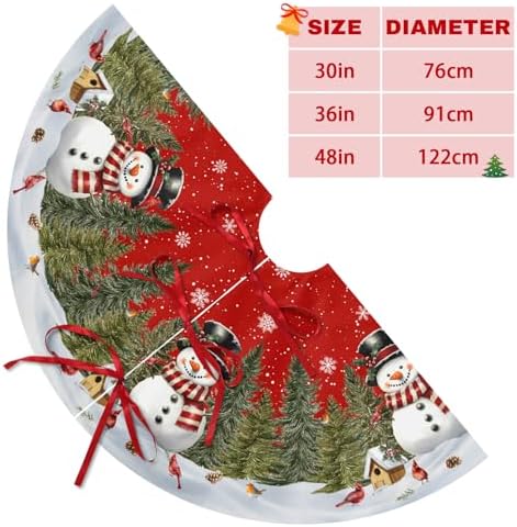 Red Snowman Christmas Tree Skirt 48 Inch Pine Tree Bird Cardinals Xmas Trees Skirts Mat for Winter Holiday Party Indoor Outdoor Decorations - Image 6
