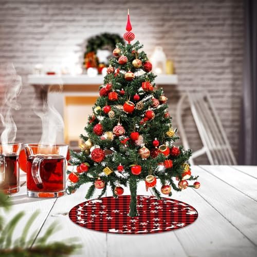 2-Piece Mini Christmas Tree Skirt - 15 Inch Buffalo Check Plaid Tree Skirt - Red & Black Plaid - Snowflake, Reindeer & Santa Designs - Image 5