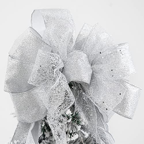 MEEDEE Silver Christmas Tree Topper Silver Glitter Christmas Bows 12" Wide Snowflake Ribbon Bow Silver Christmas Bows Silver Tree Topper Silver Bows for Christmas Tree (1 Pack) - Image 5